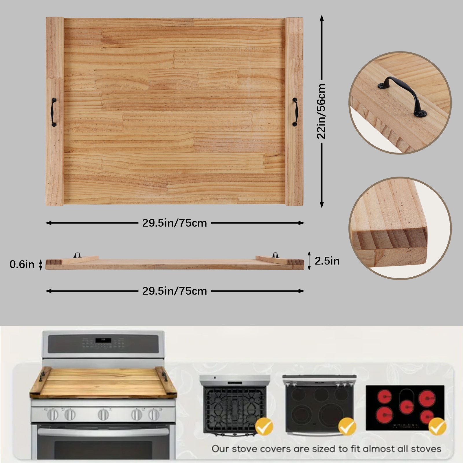 Noodle Board Pine Wood Stove Cover w/ Handles for Gas Electric Stove Top 30"x22"