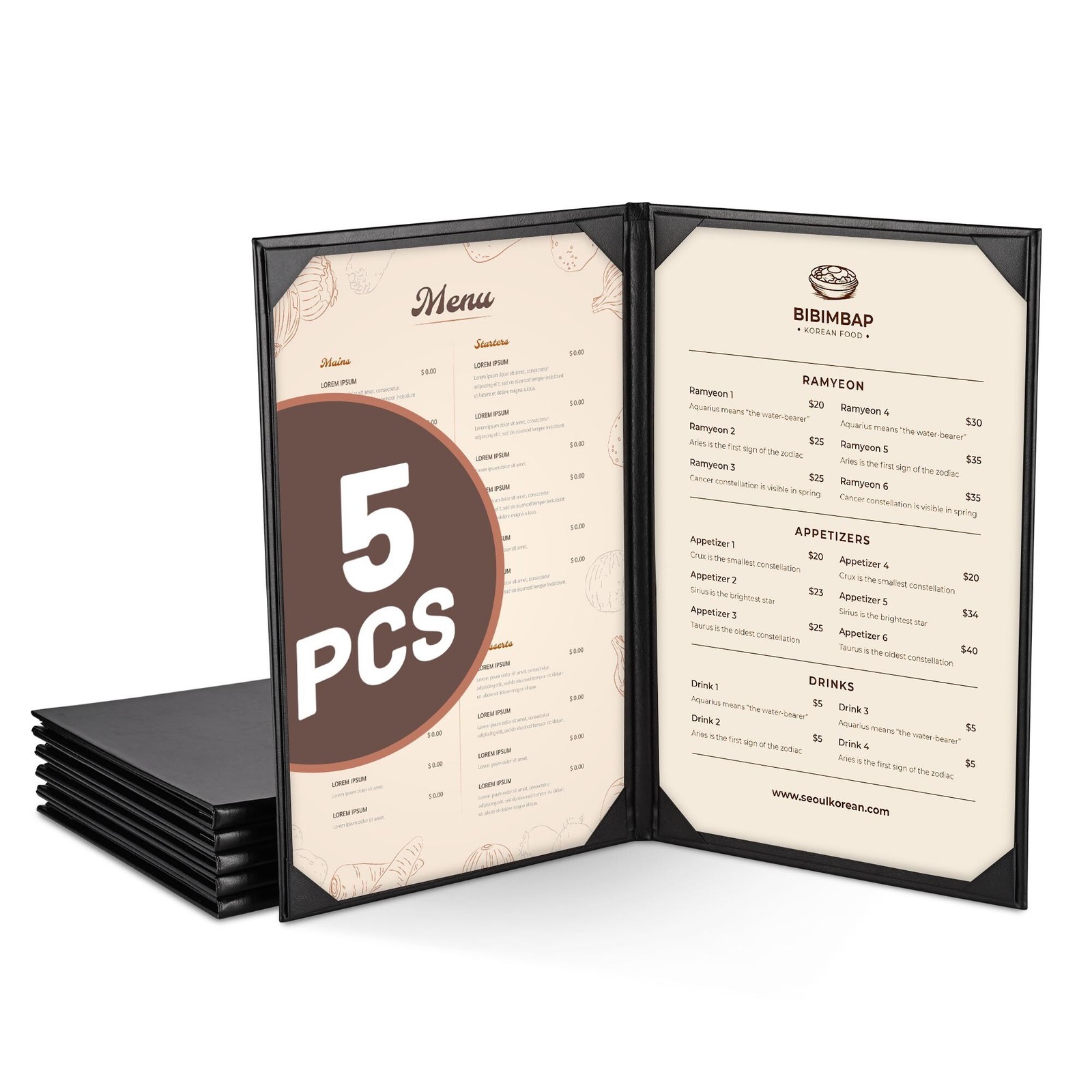 WeChef 5 Pack Menu Covers 8.5"x14" 2 Views Faux Leather Cafe Restaurant Bars