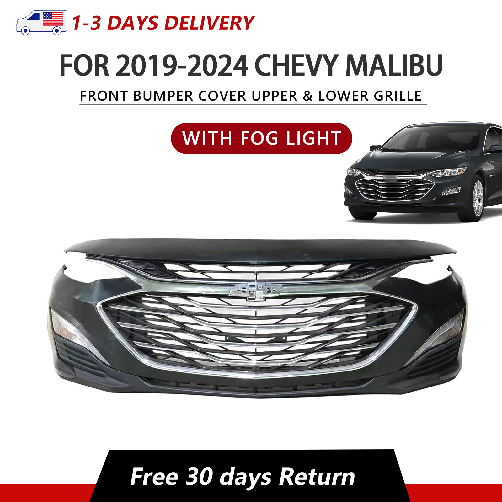 Front Bumper Cover Upper & Lower Grille Fog Lights Fits 2019-2024 Chevy Malibu