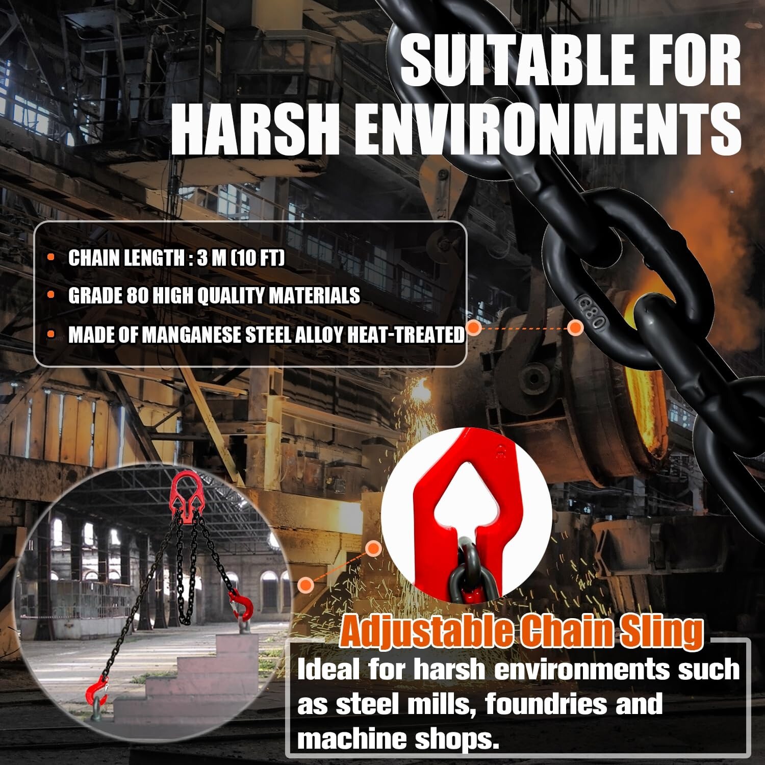 Adjustable Chain Sling 10FT 5/16”, 3.18 Ton G80 Alloy Steel Double Leg Slings