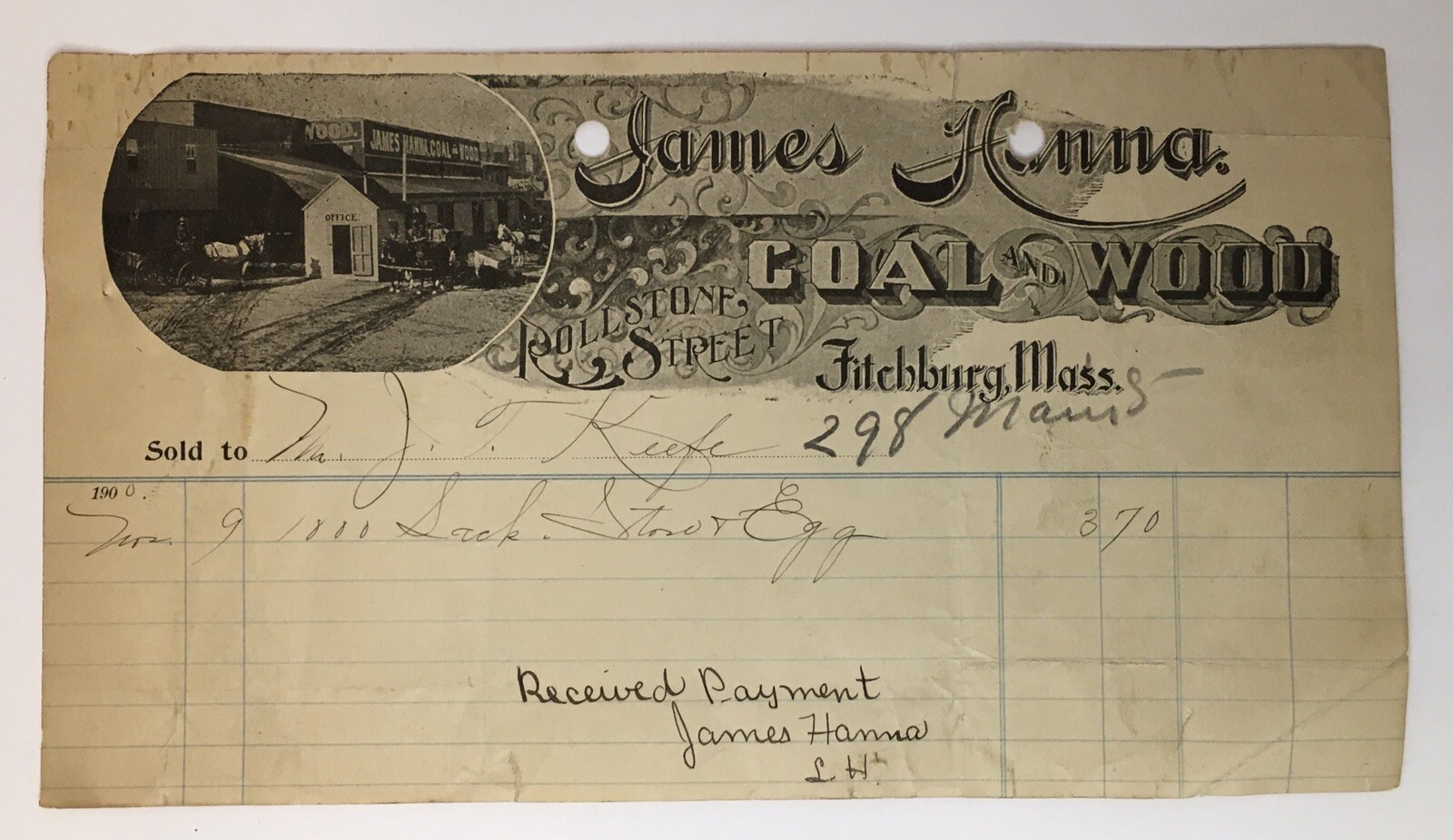 James Hanna Coal and Wool of All Kinds Antique Receipt of Payment Fitchburg MA