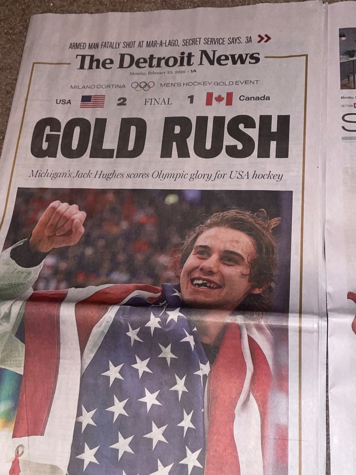 23FEB2026 TEAM USA 🇺🇸 WINS OLYMPIC GOLD RUSH DETROIT NEWS FULL PAPER HOCKEY