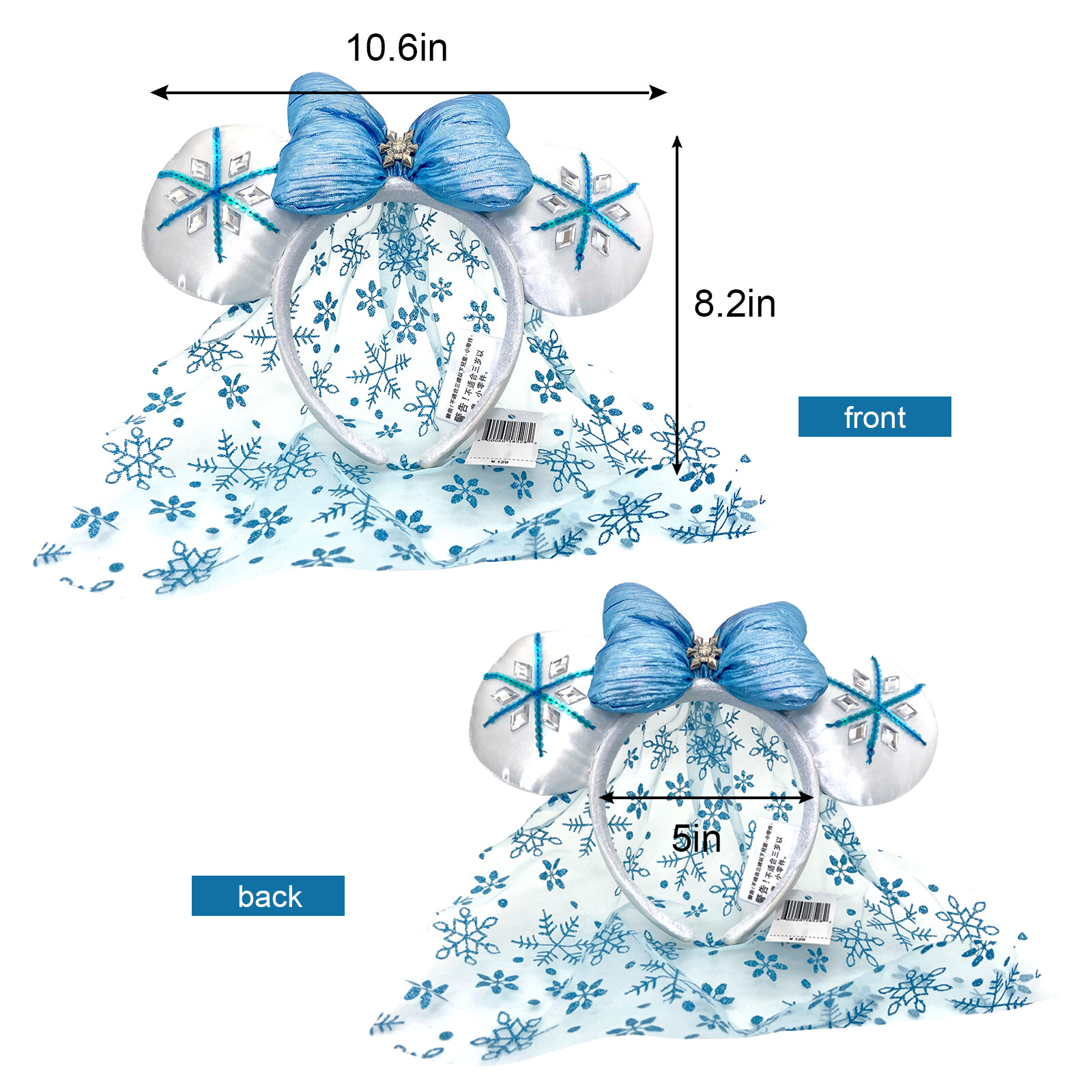 Disney- Parks Frozen Elsa Snowflake Blue & White Minnie Mouse Ear Headband NWT