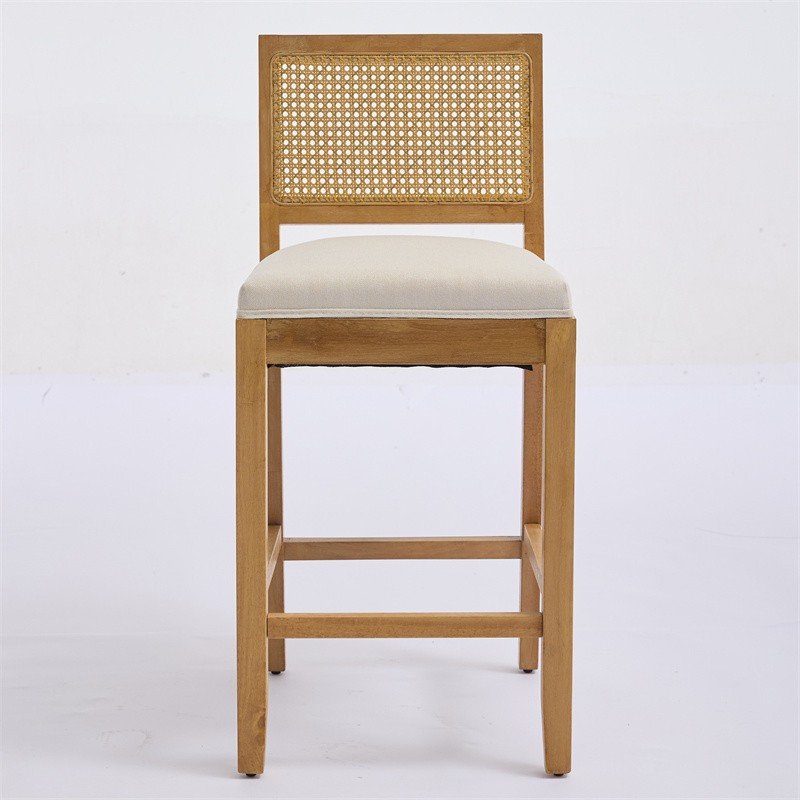 Set of 2 Solid Wood Rattan Bar Stools Comfort Linen Cushion High-Resilience Foam