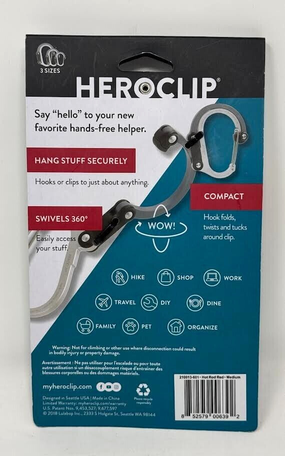 HEROCLIP ' HYBRID GEAR CLIP ' MEDIUM (MAX 60LBS) ' HOT ROD RED ' SWIVELS 360°