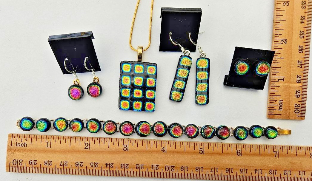 Handcrafted Multicolor Fused Dichroic Glass Pendant, Earrings X 3, Bracelet Set