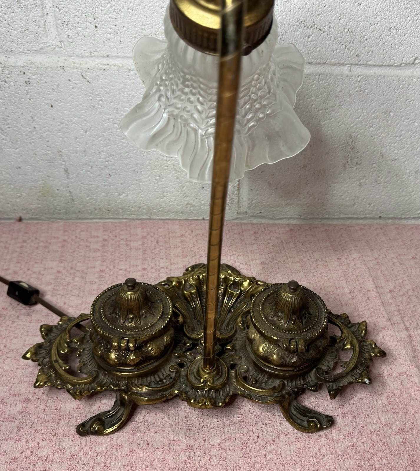 Antique Vintage Desk Light Lamp Double Ink Well Brass Victorian Art Nouveau