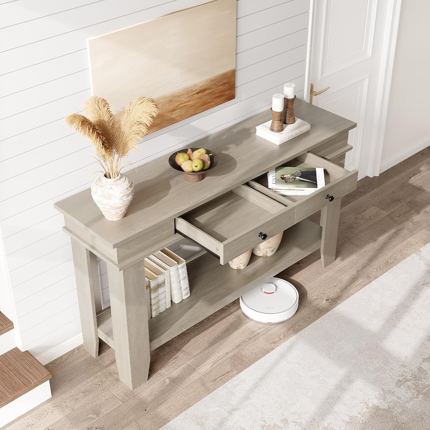 54" Wooden Console Table, Entryway Table with Drawers & Open Storage Shelf