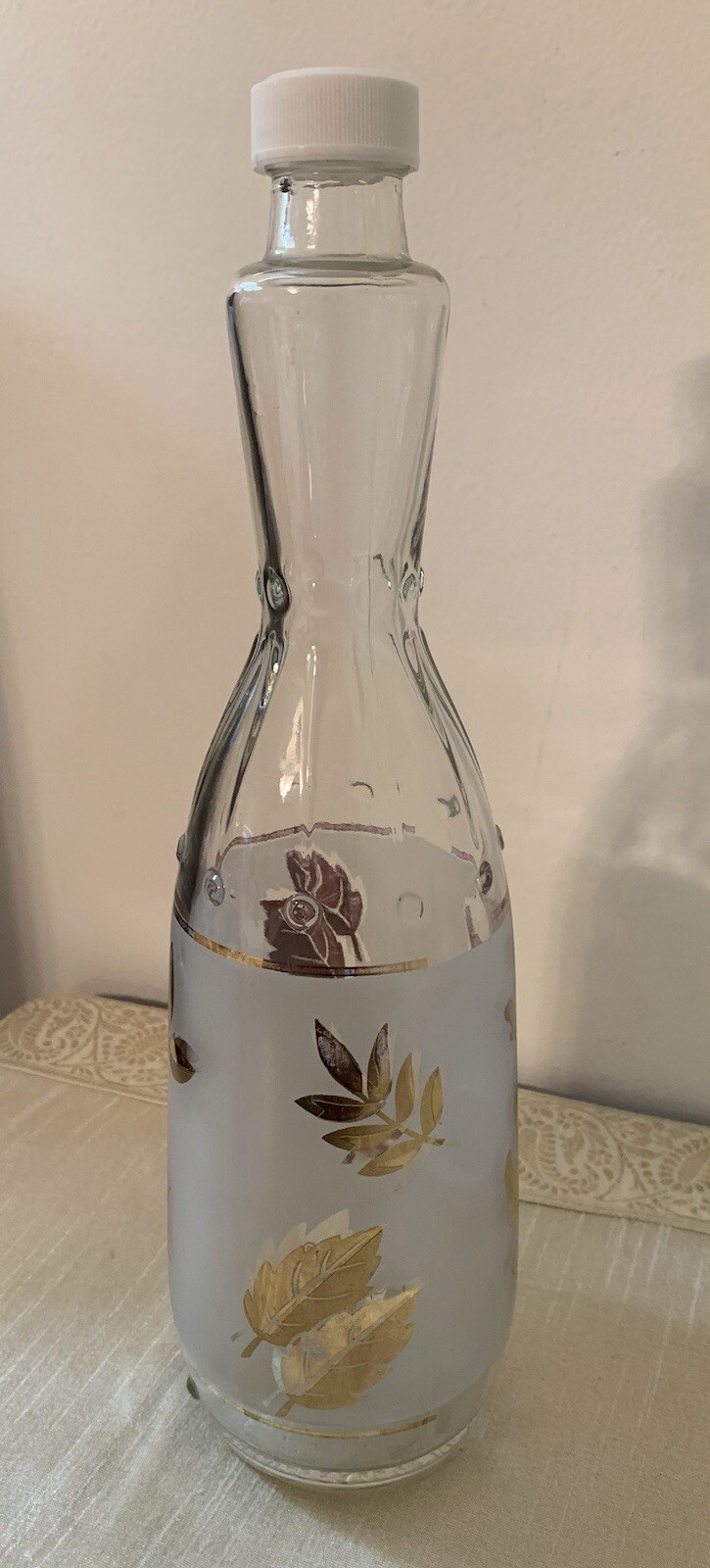 Vintage Libbey Frosted White with Gold Leaves Bottle/Decanter 12” Tall 3” High