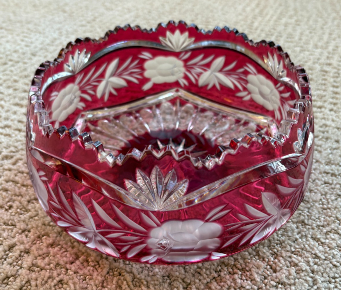 VINTAGE RUBY RED Bohemian Czeck Art Crystal Cut To Clear Center Piece Bowl