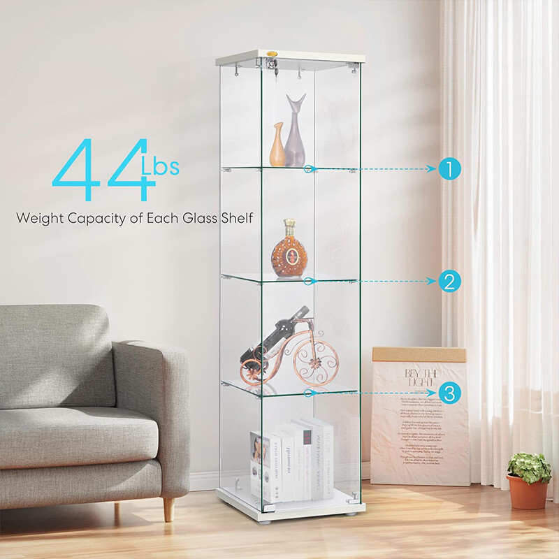 3/4-Shelf Glass Display Cabinet Glass Curio Cabinet Trophy Case Bookshelf & Lock