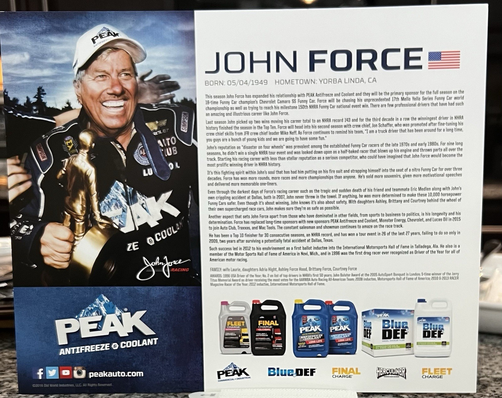2016 John Force Peak Blue Def Autographed Hero Card