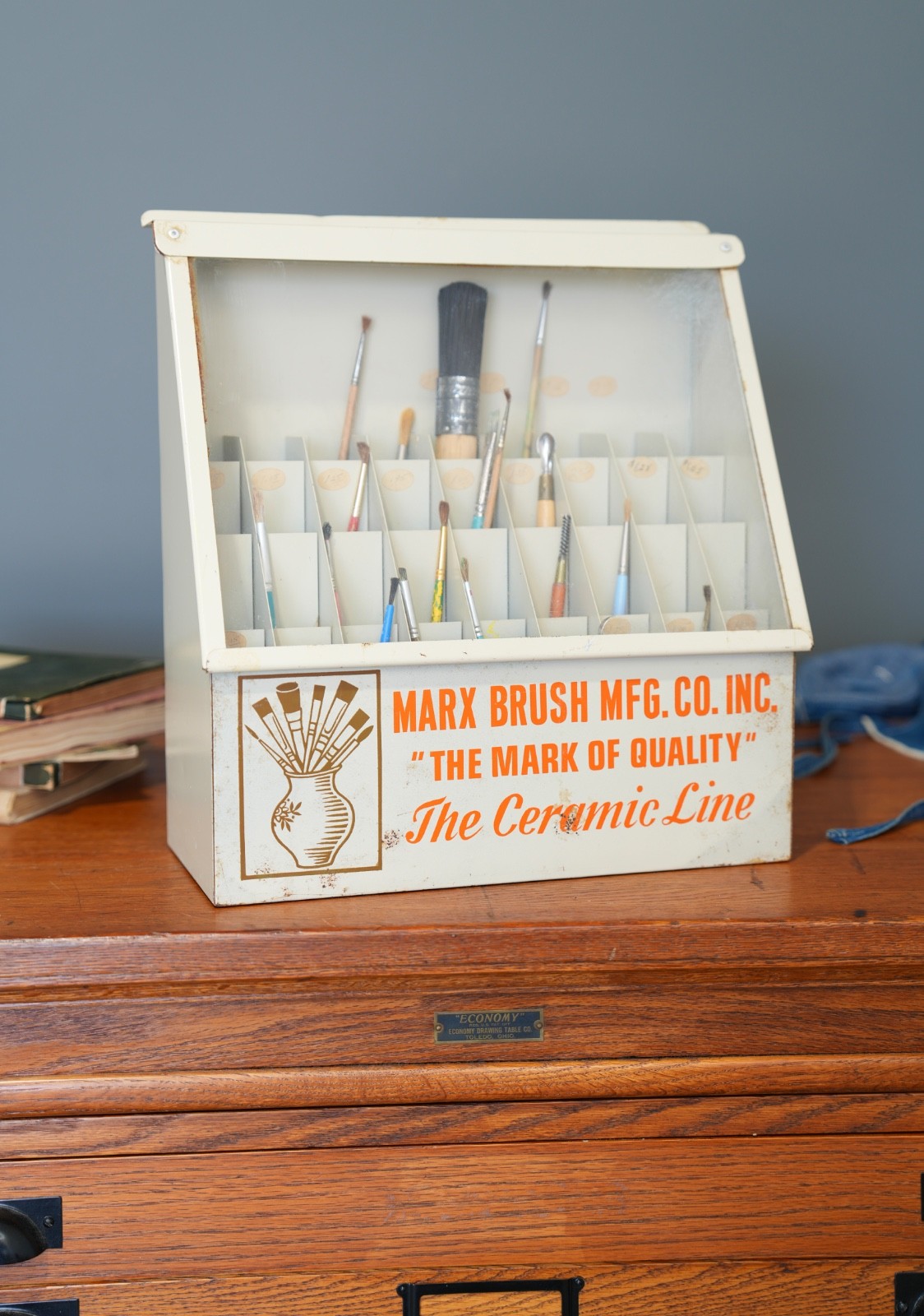 Vintage Marx Paint Brush Store Counter Display Case Antique Metal Cabinet