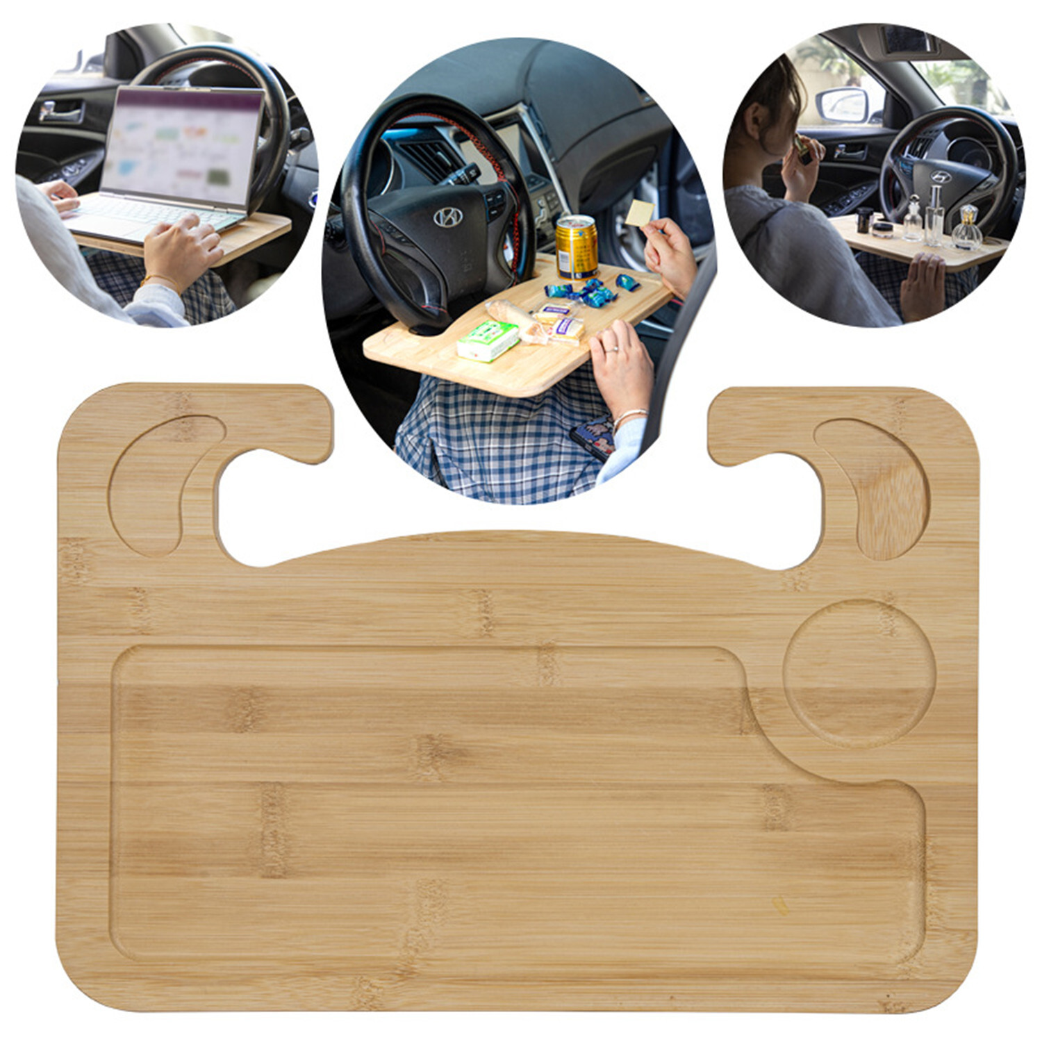2 in 1 Car Steering Wheel Desk Bamboo Steering Wheel Tray Car Laptop Food Table