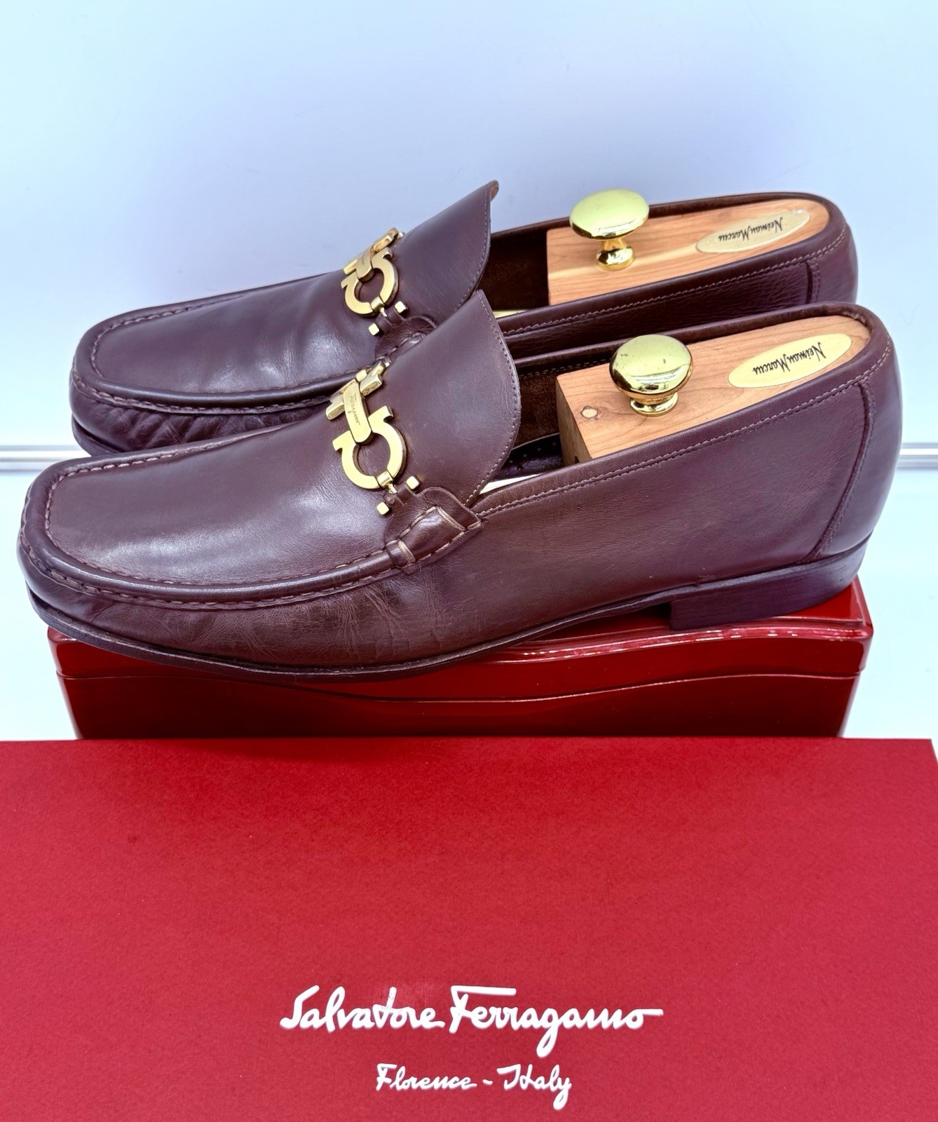 Ferragamo Mens Brown Loafers 12 Gold Gancini Horse Bit Leather Luxe Shoes Rare