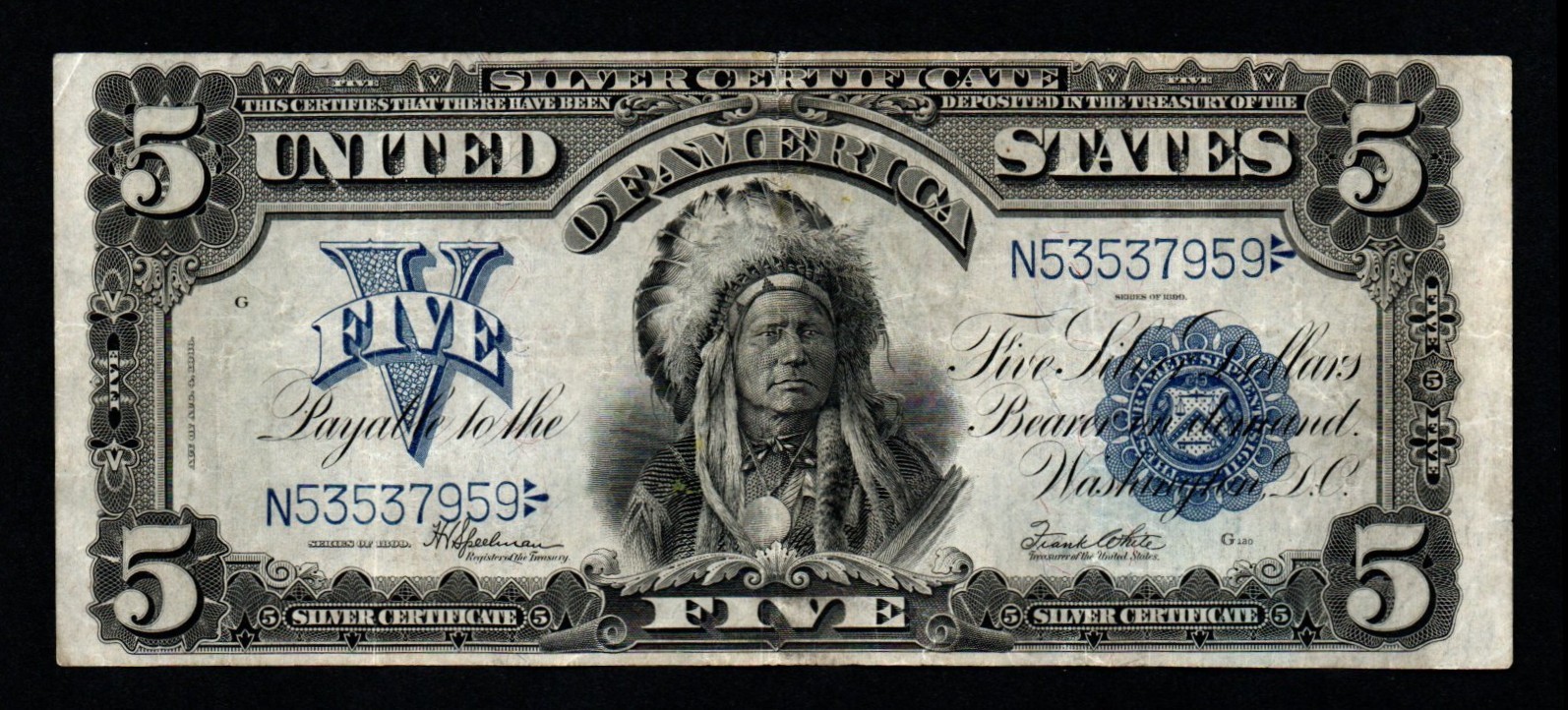 1899 $5 LARGE Size INDIAN CHIEF CRISP VF+/XF Silver Certificate!