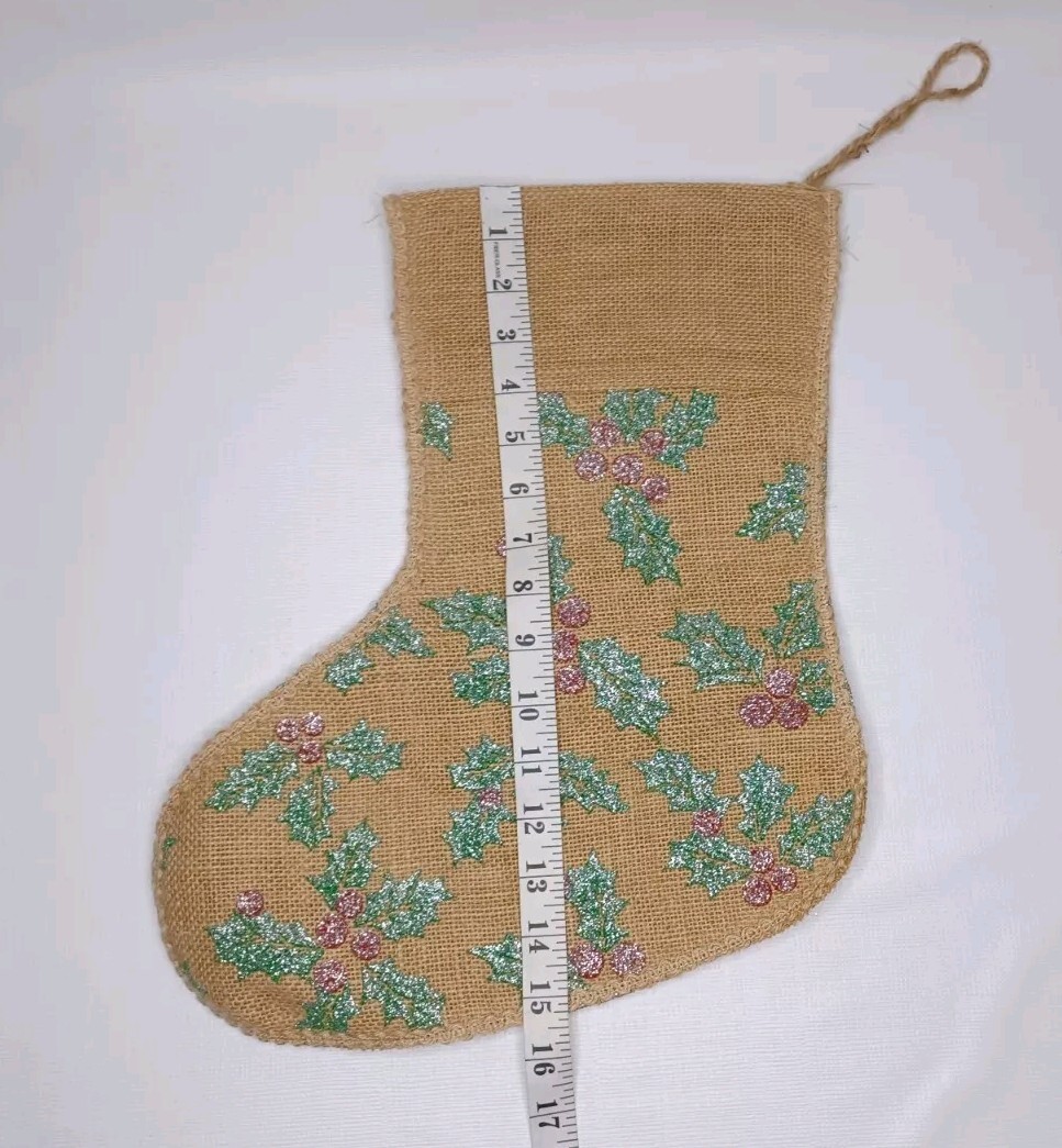 Burlap Christmas Tree Stocking Set Of Two Stockings Glitter Holly Berries Leaves