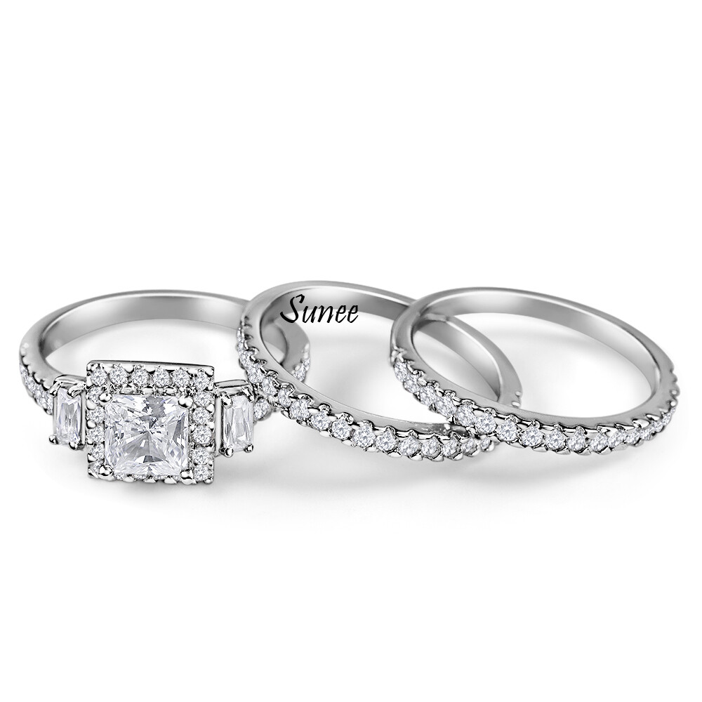Halo Simulated Princess Cut 925 Wedding Rings Engagement Rings Set Simulated