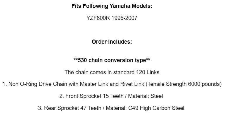 Black Drive Chain And Sprocket Kit for Yamaha YZF600R 1995-2007 530-Chain Type