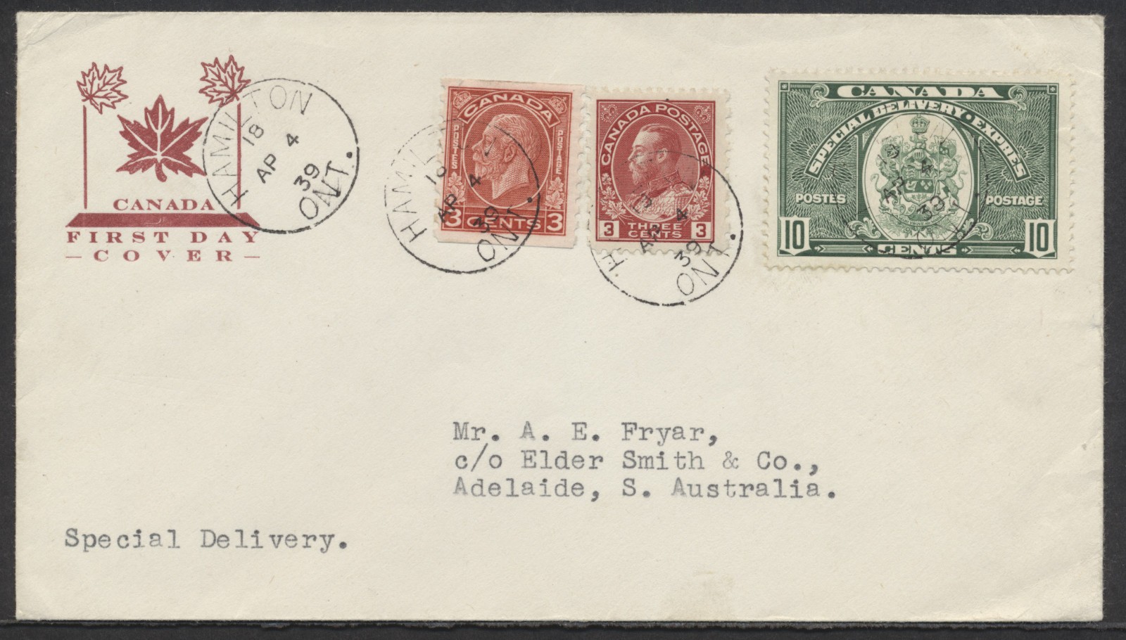 1939 #E7 10c Special Delivery Cover GP Cachet But NOT FDC Hamilton CDS AP 4 39