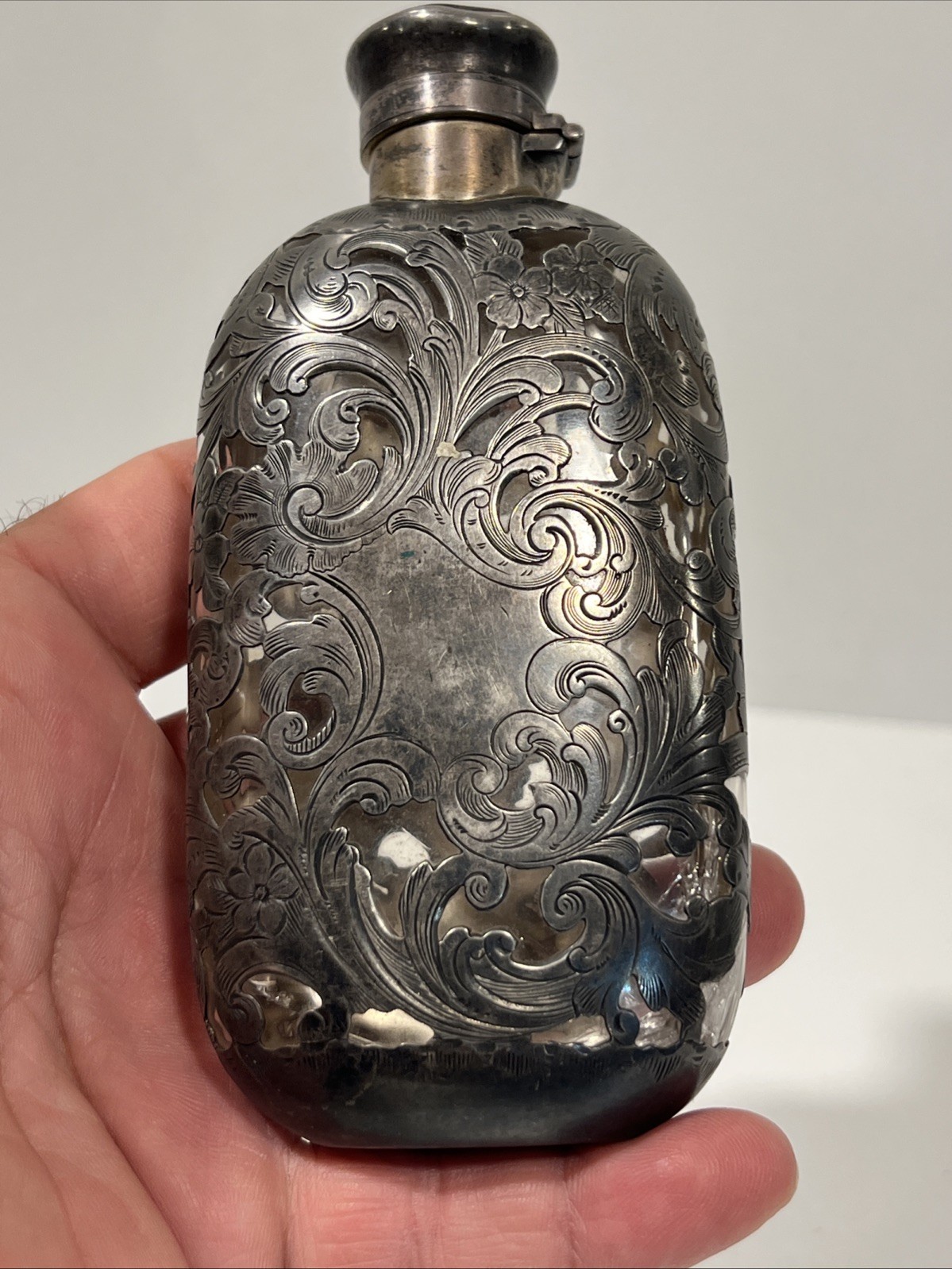 Antique Gorham .925 Sterling Silver Over Glass Overlay Flask Unmolested