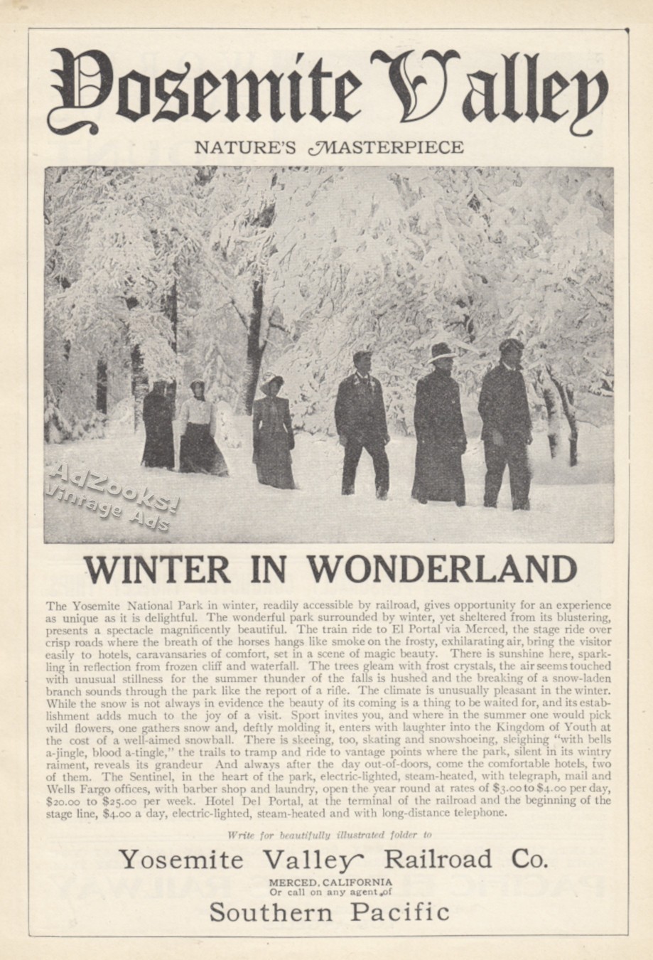 1912 Yosemite Valley Railroad Print Ad – People Walking Through Winter Snow Pix!