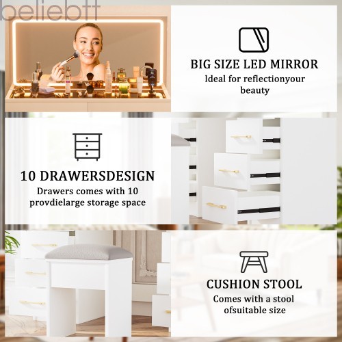 46"Glass Top Vanity Desk 10 Drawers Makeup Vanity Power Outlet, Silent Slides