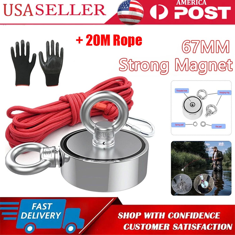 2000 LBS Strong Fishing Magnet Kit Double-Sided Pull Force and Rope Carabiner US
