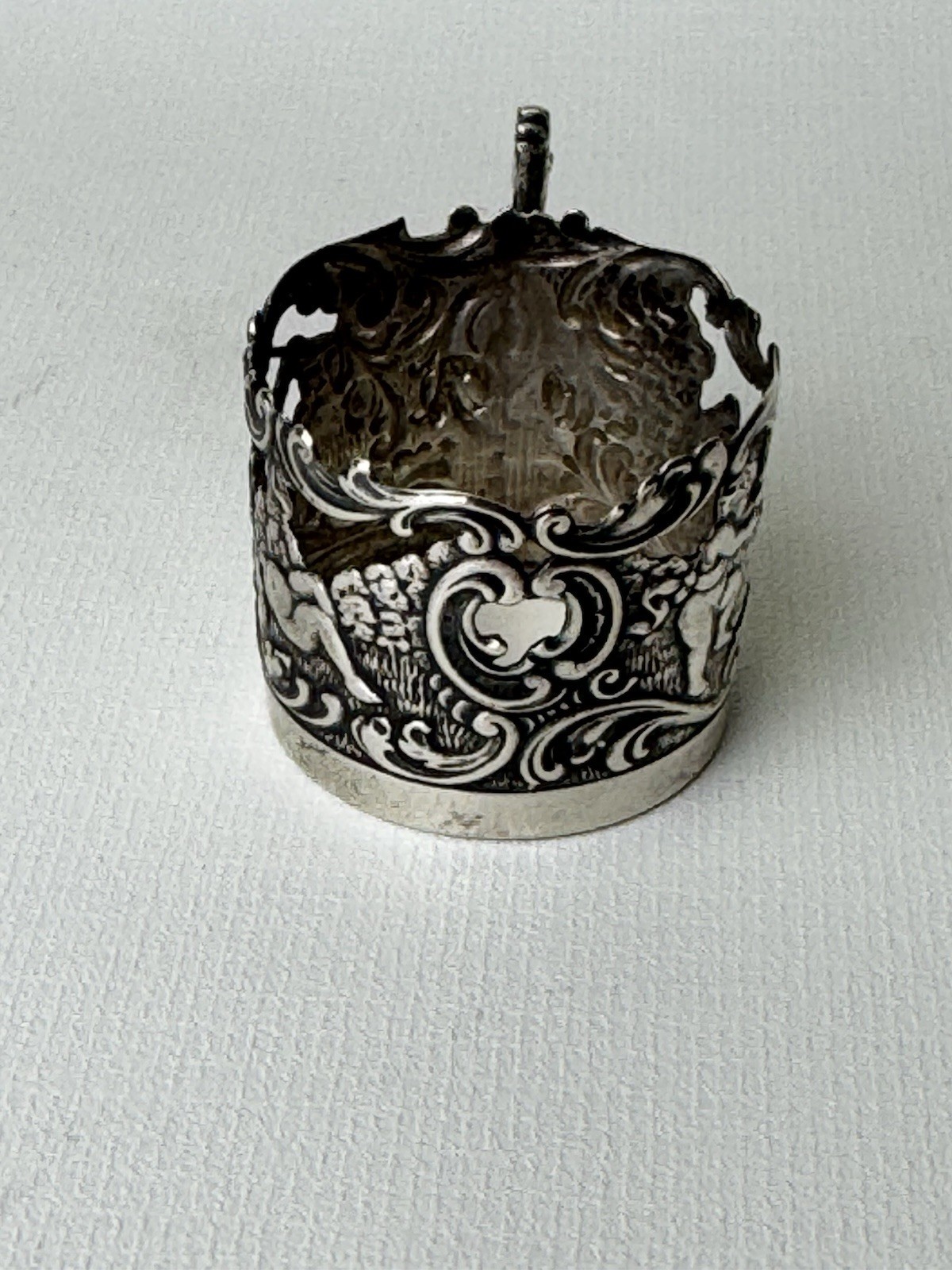 Antique Germany 800 Silver Tea Glass Holder With Ornate Rococo Cherub Scene