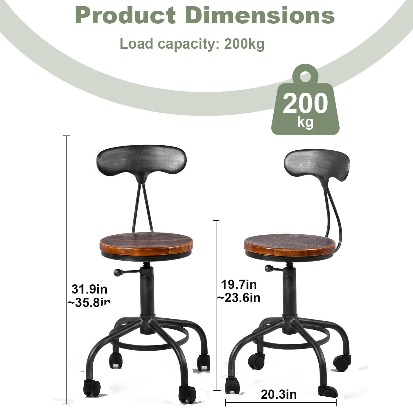 Industrial Adjustable Swivel Kitchen Stools with Wheels, Set of 2
