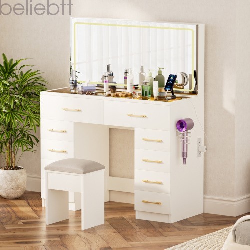 46"Glass Top Vanity Desk 10 Drawers Makeup Vanity Power Outlet, Silent Slides