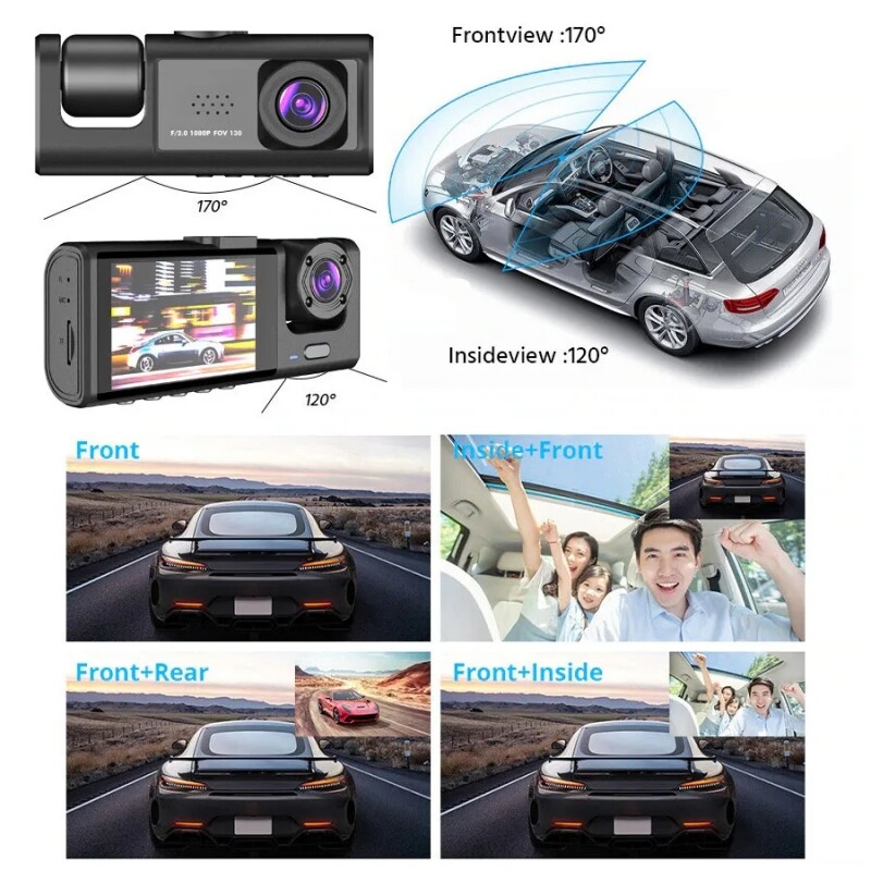 Dash Cam HD 1080p Car Dual Lens Front/Rear/Inside Video Recorder Camera G-sensor