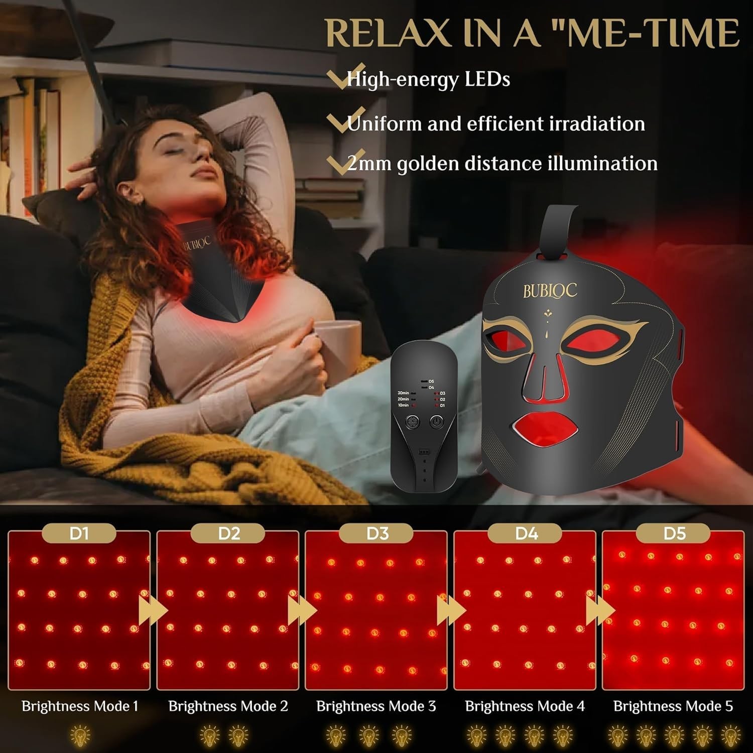 Red Light Therapy Mask Set, Five-Level Brightness Adjustment for Face and Neck,