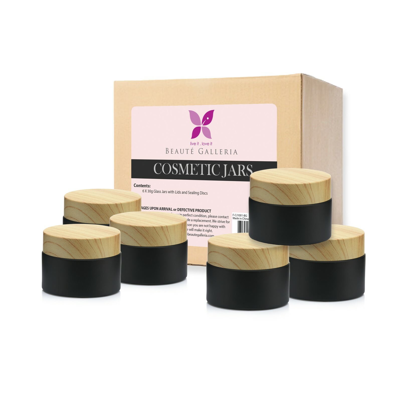 6 Pack 1oz (30ml) Black Frosted Cosmetic Glass Cream Jar Container w Plastic Lid