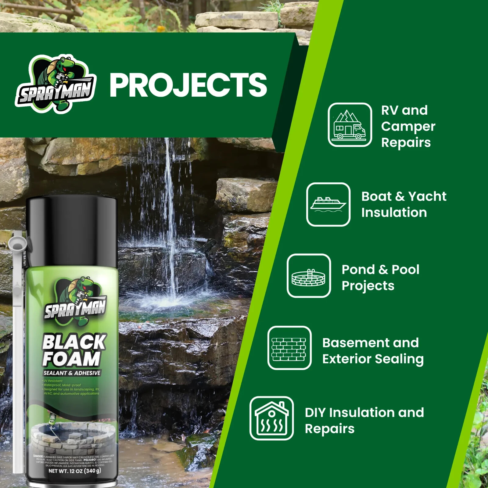 Sprayman Black Foam Sealant - Pond Waterfall Landscaping, 12oz 2 Pk - Straw Use