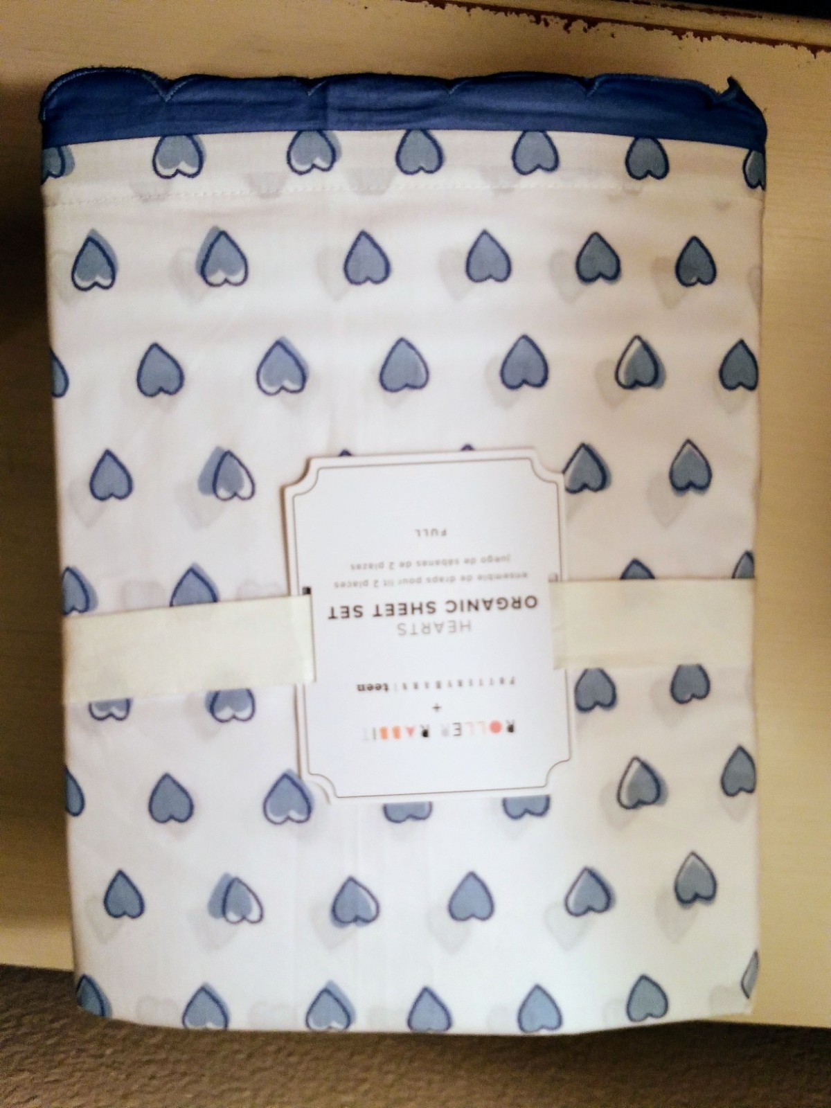 Pottery Barn Teen ROLLER RABBIT Blue HEARTS Organic Sheet Set Full Size NWT