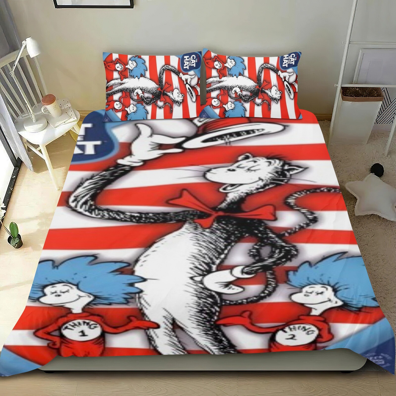 3Pcs Bedding Sets The Cat in the Hat Duvet Cover Sets All Season for Kids Soft
