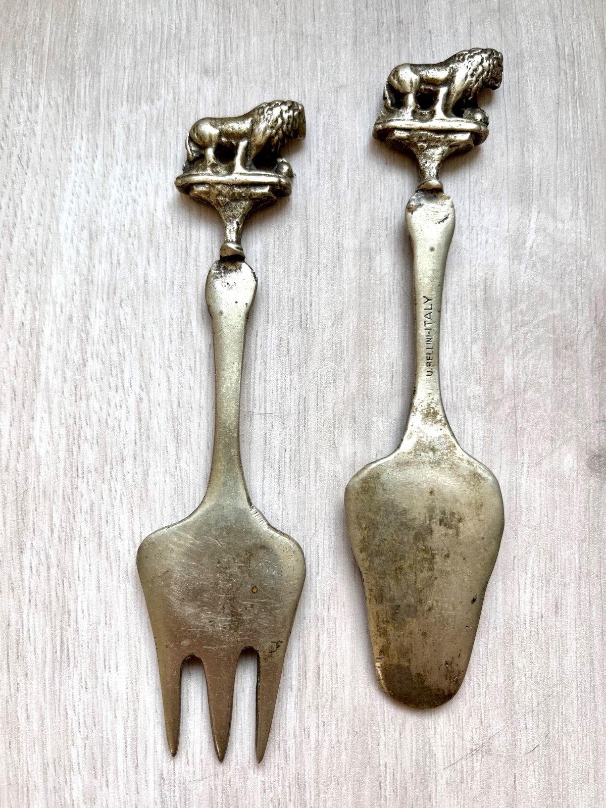 UGO BELLINI Serving Spoon & Fork Ornate Silver Plate Italy 6"