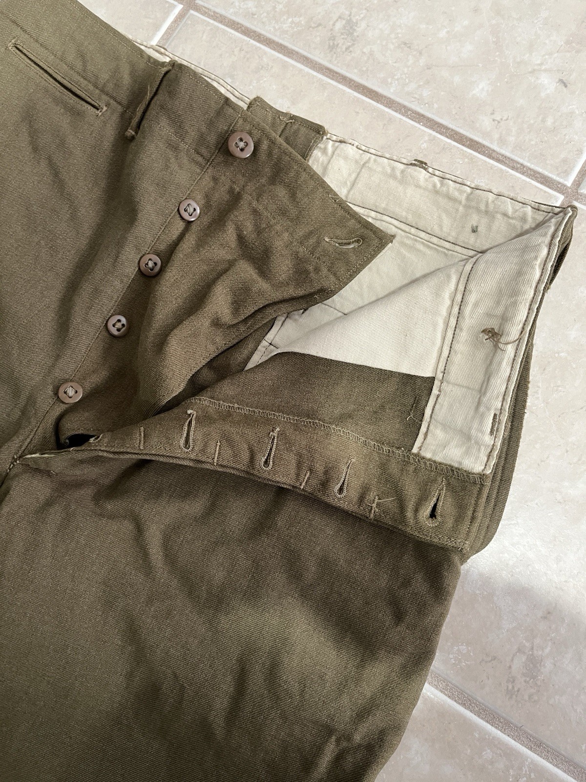WWII WW2 US Army Light Shade Wool Field Trousers 1942 34x31 Gas Flap Mustard OD