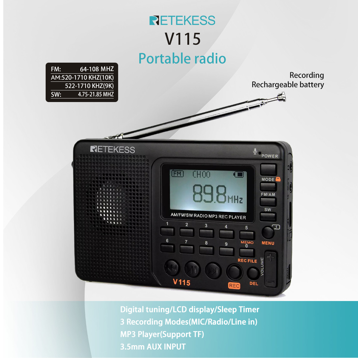 V115 Portable Radio,AM/FM/SW Digital Stereo Home Radio Recorder For Senior Gift