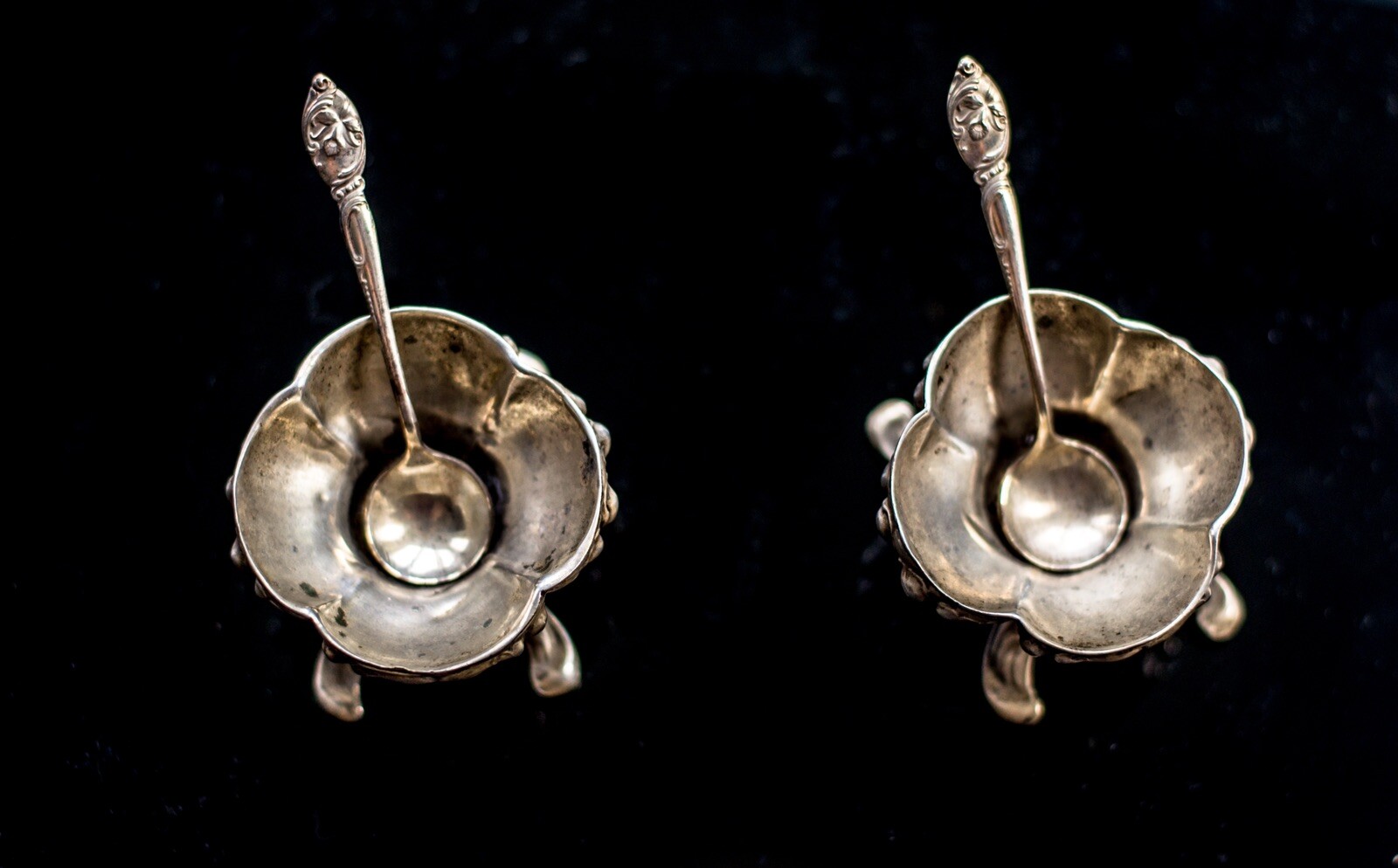 Rare Pair Art Nouveau Salt Cellers With Westmoreland Spoons-All Silver
