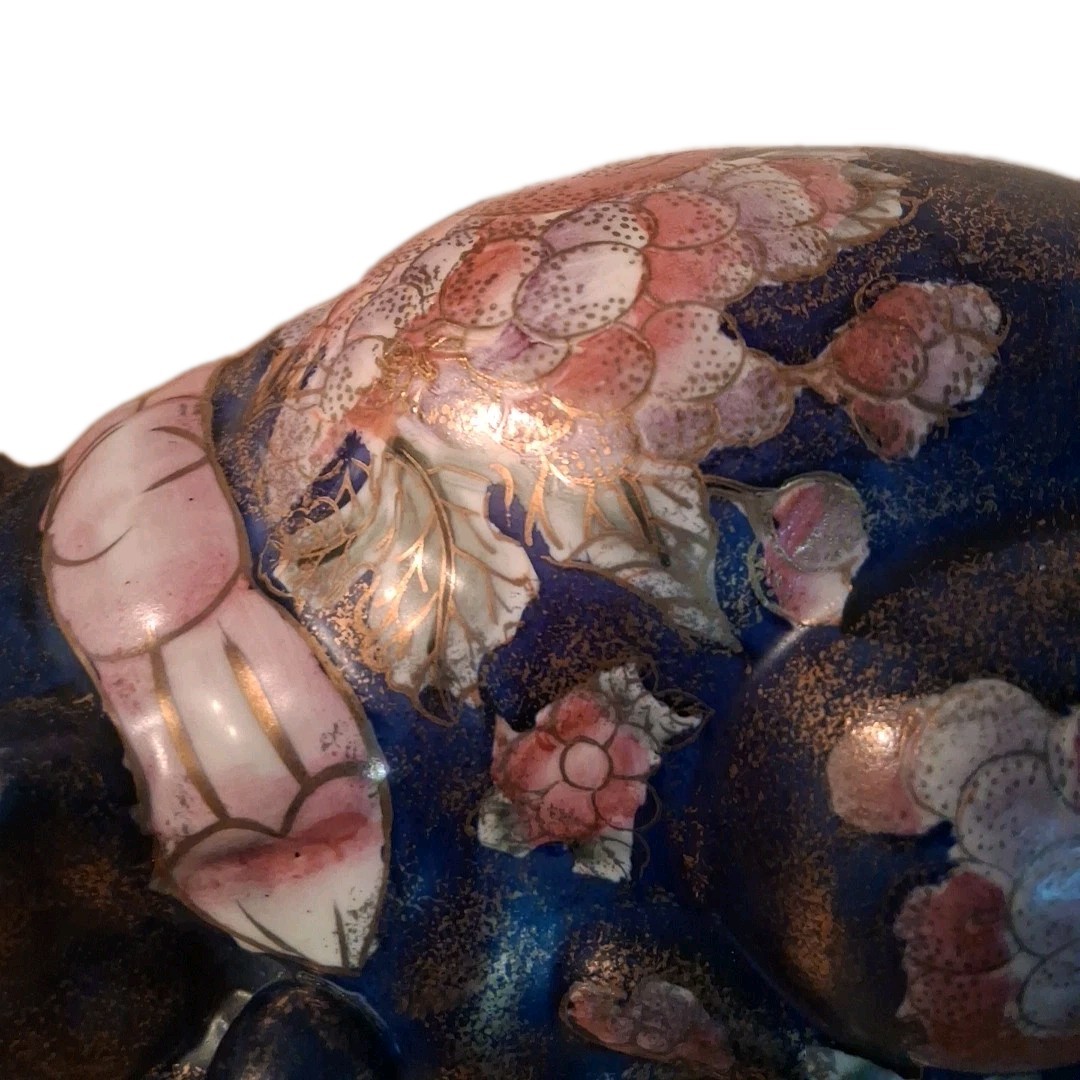 Vintage Asian Sleeping Cat 9.5" Floral Gilded Ceramic Porcelain Hand Painted