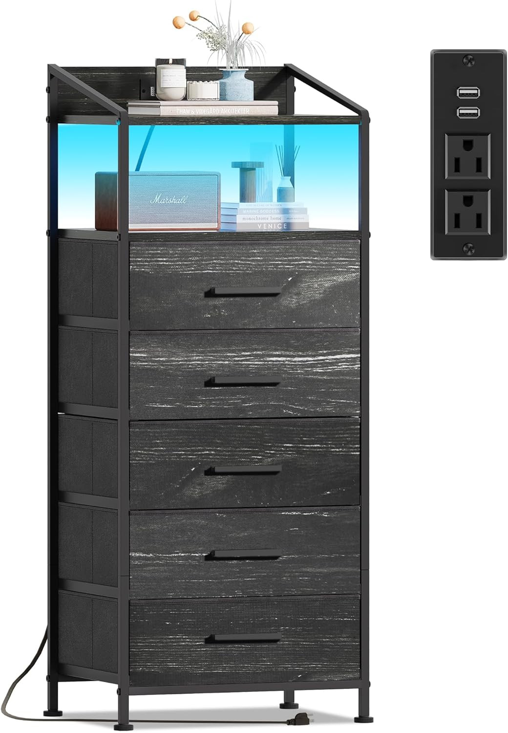 Nightstand 5 Drawer Dresser with LED Lights and Charging Station, Vertical Side