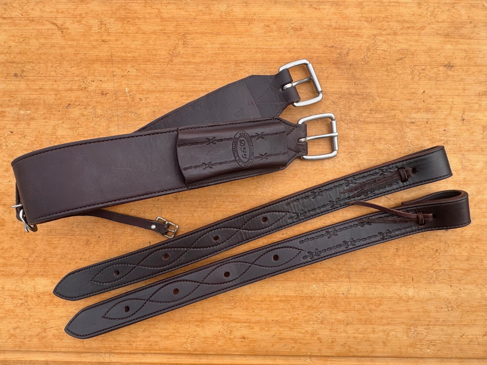 Dark Oil Barbwire Tooled Western Saddle Rear Flank Back Cinch w SS Buckles