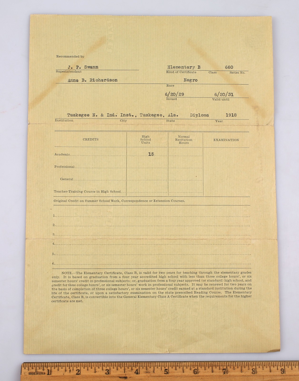1929 Georgia Department of Education African American Teacher License Tuskegee