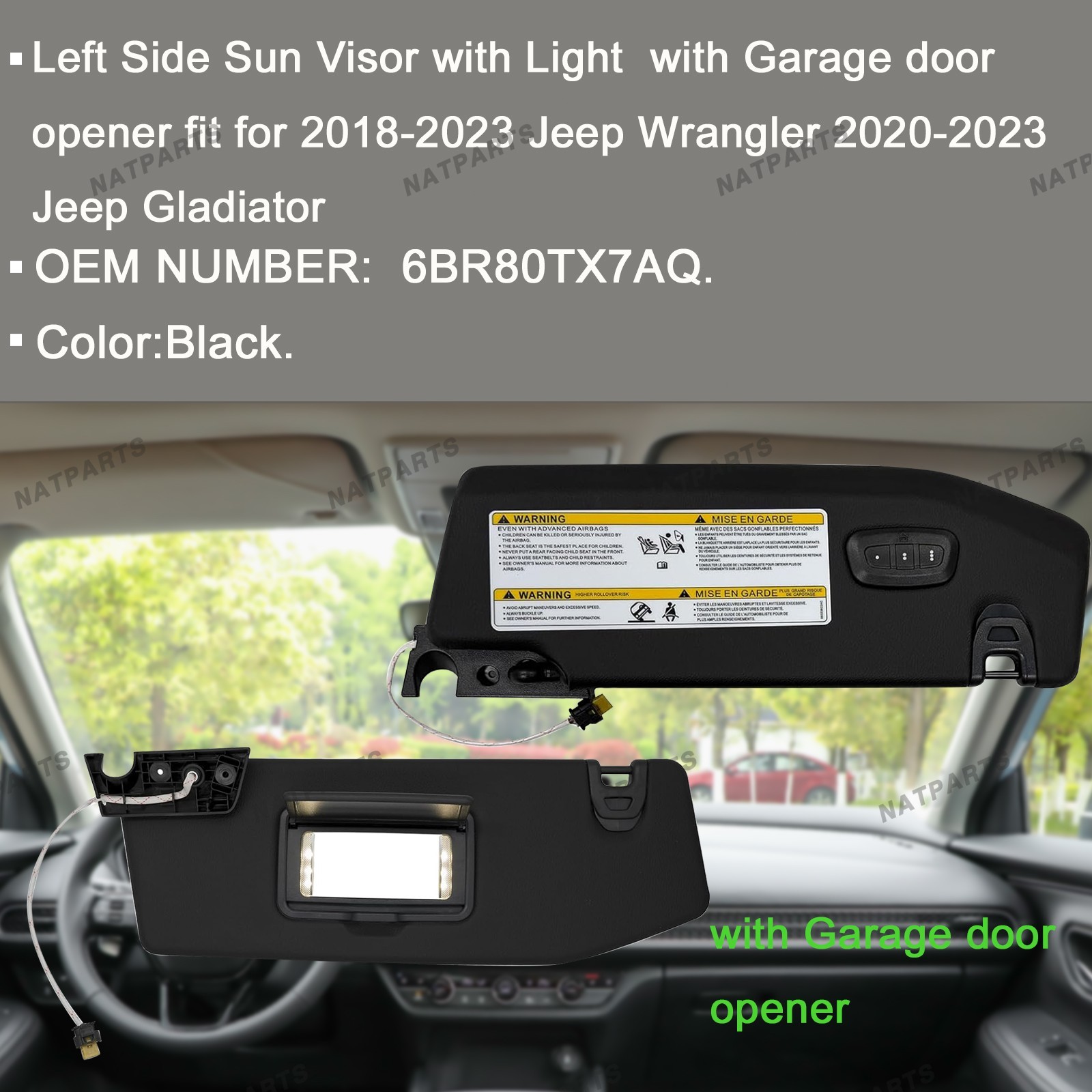 Left Sun Visor W/ Garage Door opener for18-23 jeep Wrangler Gladiator 6BR80TX7AQ