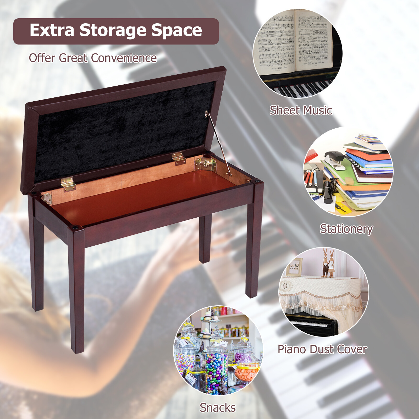 Solid Wood PU Leather Piano Bench Padded Double Duet Keyboard Seat Storage Brown