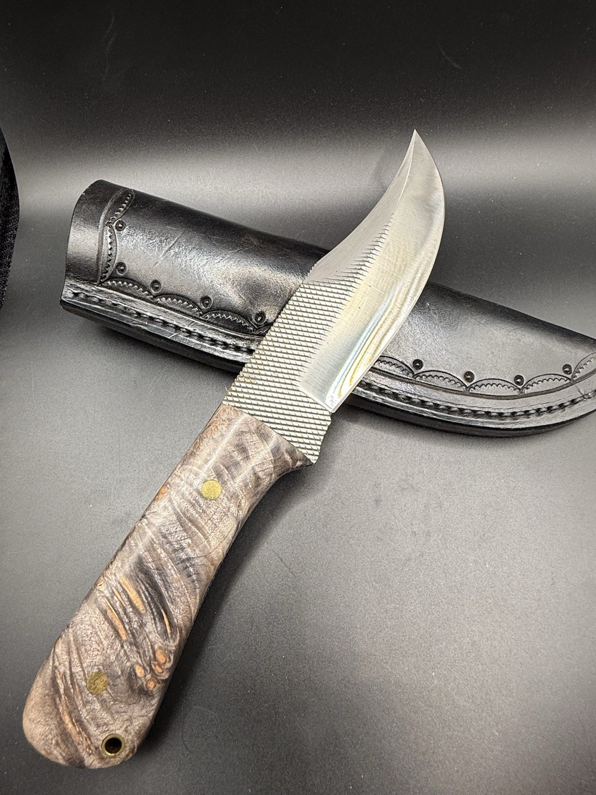 Wilson Custom File/Rasp Knife With Leather Sheath Full Tang With Burl Handle