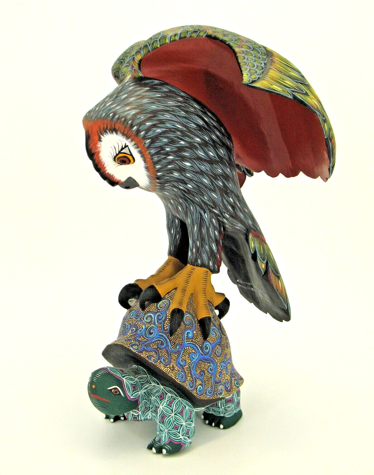 Oaxacan Wood Carving by Raul Ibanez "Owl on top of Tortoise" Mexican Folk Art