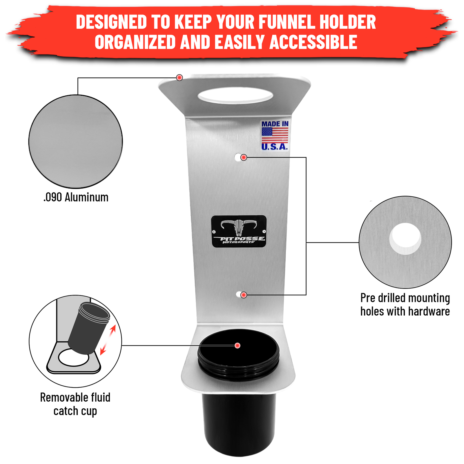 Pit Posse PP3364 Aluminum Oil Funnel Holder Wall Rack Enclosed Trailer or Garage